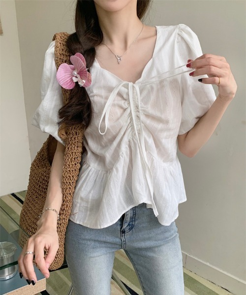 gossip！ロサンゼルス（ゴシップロサンゼルス）の「【新色追加】 リボンリンクルフリルフレア半袖ブラウス Y2K（シャツ/ブラウス・レディース・オフホワイト/ブルー/ブラック・FREE）」の17枚目の写真