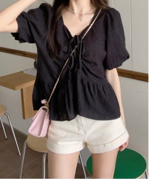 gossip！ロサンゼルス（ゴシップロサンゼルス）の「【新色追加】 リボンリンクルフリルフレア半袖ブラウス Y2K（シャツ/ブラウス・レディース・オフホワイト/ブルー/ブラック・FREE）」の18枚目の写真