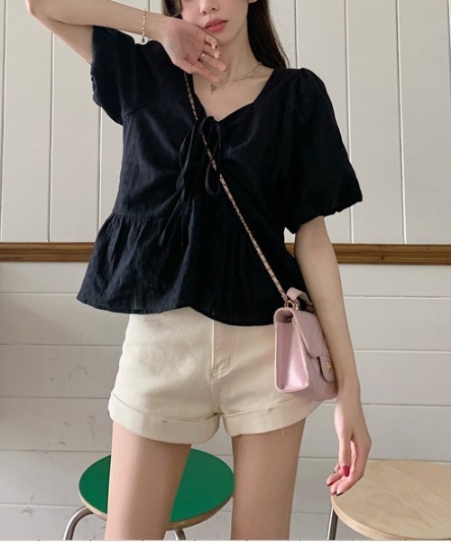 gossip！ロサンゼルス（ゴシップロサンゼルス）の「【新色追加】 リボンリンクルフリルフレア半袖ブラウス Y2K（シャツ/ブラウス・レディース・オフホワイト/ブルー/ブラック・FREE）」の19枚目の写真