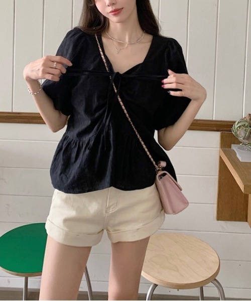 gossip！ロサンゼルス（ゴシップロサンゼルス）の「【新色追加】 リボンリンクルフリルフレア半袖ブラウス Y2K（シャツ/ブラウス・レディース・オフホワイト/ブルー/ブラック・FREE）」の20枚目の写真