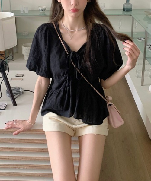 gossip！ロサンゼルス（ゴシップロサンゼルス）の「【新色追加】 リボンリンクルフリルフレア半袖ブラウス Y2K（シャツ/ブラウス・レディース・オフホワイト/ブルー/ブラック・FREE）」の21枚目の写真