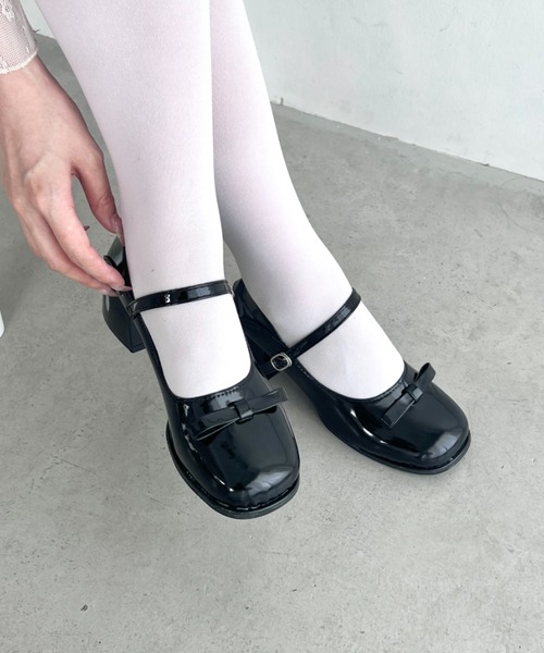 セール】ストラップリボンローヒールエナメルパンプス（パンプス