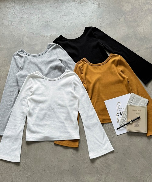 andme（アンドミー）の「テレコリブバックオープンフレアスリーブトップス（Tシャツ/カットソー・レディース・ブラック/オフホワイト/杢グレー/チャコールグレー/キャメル・M/L）」の16枚目の写真