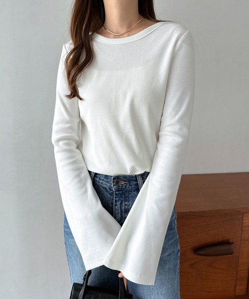 andme（アンドミー）の「テレコリブバックオープンフレアスリーブトップス（Tシャツ/カットソー・レディース・ブラック/オフホワイト/杢グレー/チャコールグレー/キャメル・M/L）」の8枚目の写真