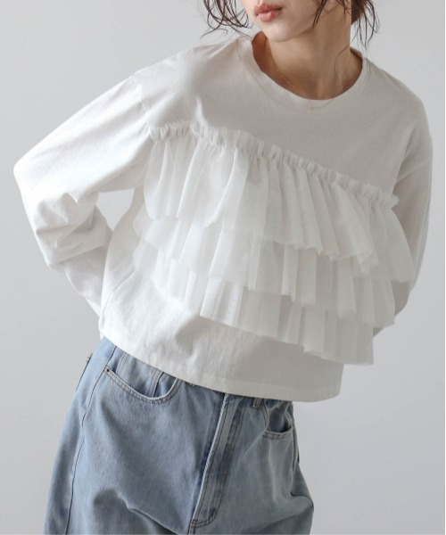 コムコム ポリエステル フリル T シャツ カットソー セール】フリルチュールロングTシャツ（Tシャツ/カットソー