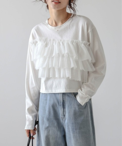 La-gemme(ラジェム)の「フリルチュールロングTシャツ(Tシャツ/カットソー・レディース・ホワイト/ブラック・フリー)」の3枚目の写真