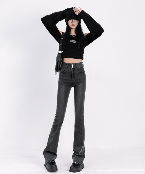 aimoha（アイモハ）の「【Aimoha】スリムフィットマイクロフレアジーンズ（デニムパンツ・レディース・グレー/ブラック・SMALL/LARGE/MEDIUM）」の6枚目の写真