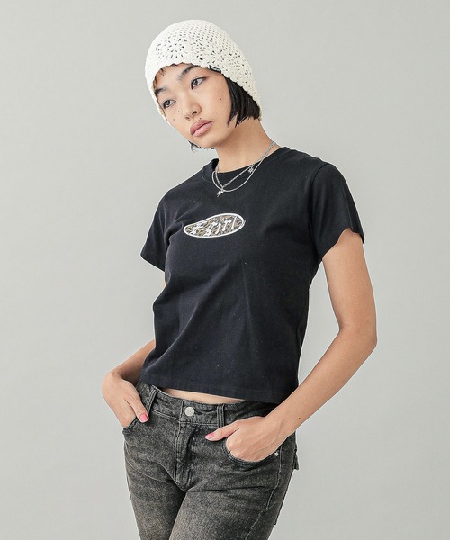 X-girl(エックスガール)の「LEOPARD OVAL LOGO S/S BABY TEE(Tシャツ/カットソー・レディース・ホワイト/ブラック/ブルー・S/M)」の6枚目の写真