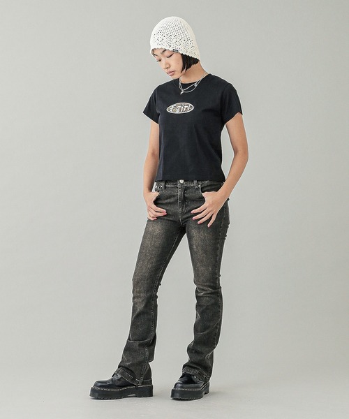 X-girl(エックスガール)の「LEOPARD OVAL LOGO S/S BABY TEE(Tシャツ/カットソー・レディース・ホワイト/ブラック/ブルー・S/M)」の9枚目の写真