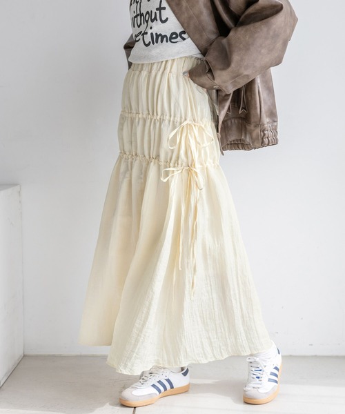 RAGEBLUE（レイジブルー）の「リボンティアード/ワッシャーサテンフレアスカート（スカート・レディース・ブラック/オフホワイト・FREE）」の8枚目の写真