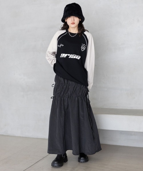 RAGEBLUE（レイジブルー）の「リボンティアード/ワッシャーサテンフレアスカート（スカート・レディース・ブラック/オフホワイト・FREE）」の10枚目の写真