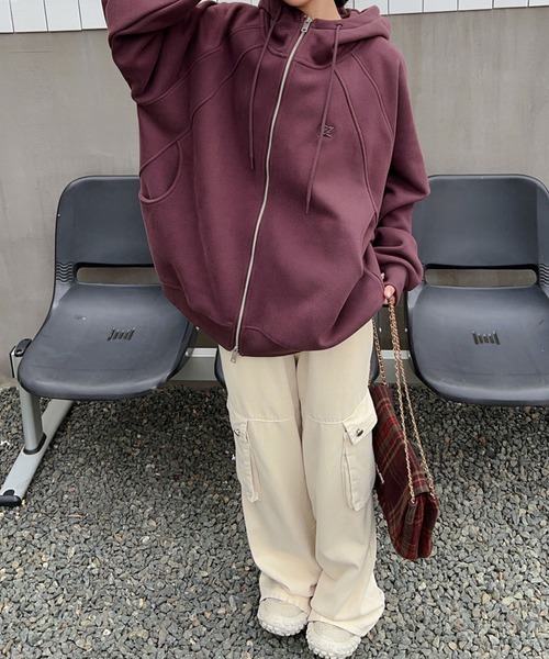 aimoha(アイモハ)の「裏起毛カジュアルオーバーサイズ・フルジップパーカー (AW)(パーカー・レディース・パープル/ネイビー/ピンク/オレンジ/ダークベージュ・FREE)」の8枚目の写真