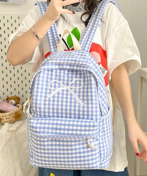 週末お値下げ　美品　ファミリア　ギンガムチェック　リボン　リュック 美品 ファミリアチェック リュック リボン付き - メルカリ