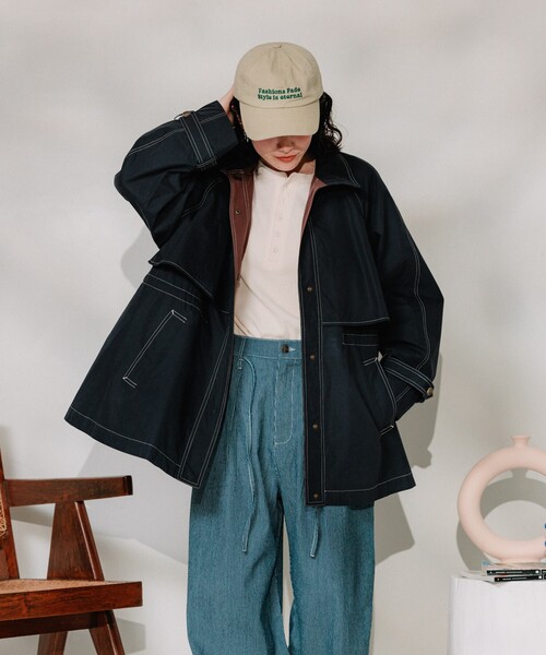 セール】配色カラーステッチ ミニコート/フレアコート/スプリング