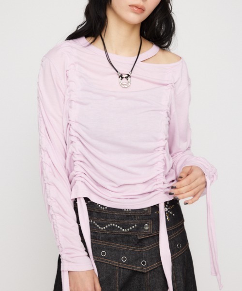 LAGUA GEM（ラグアジェム）の「SHIRRING LOOSE トップス（Tシャツ/カットソー・レディース・オフホワイト/ピンク/杢グレー/ブラック・FREE）」の4枚目の写真