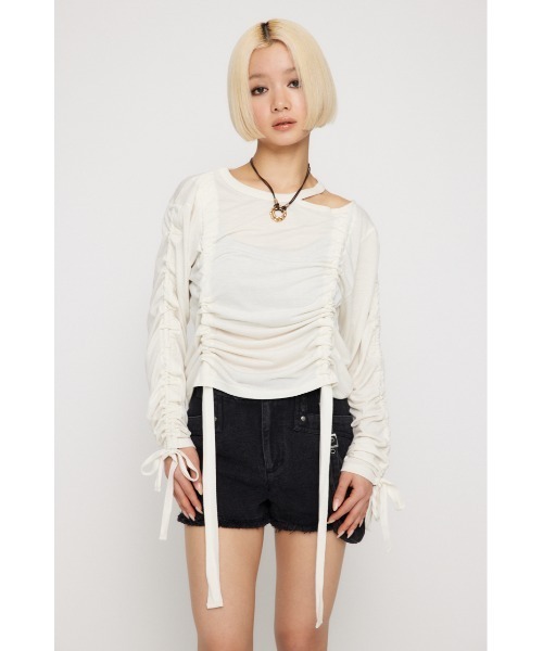 LAGUA GEM（ラグアジェム）の「SHIRRING LOOSE トップス（Tシャツ/カットソー・レディース・オフホワイト/ピンク/杢グレー/ブラック・FREE）」の6枚目の写真