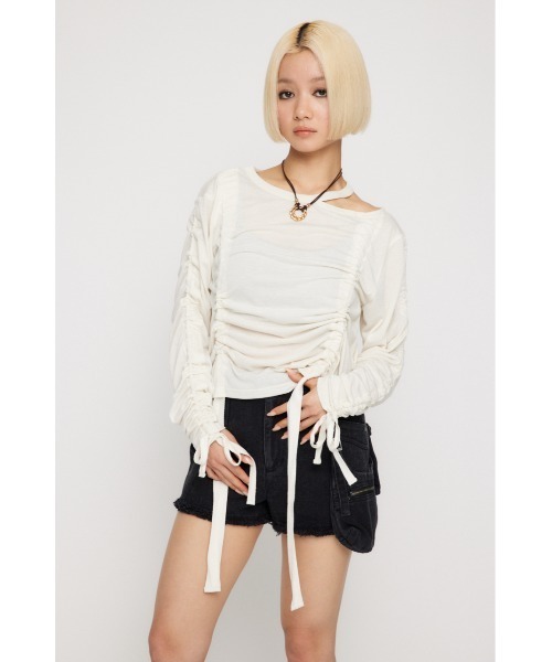 LAGUA GEM（ラグアジェム）の「SHIRRING LOOSE トップス（Tシャツ/カットソー・レディース・オフホワイト/ピンク/杢グレー/ブラック・FREE）」の7枚目の写真