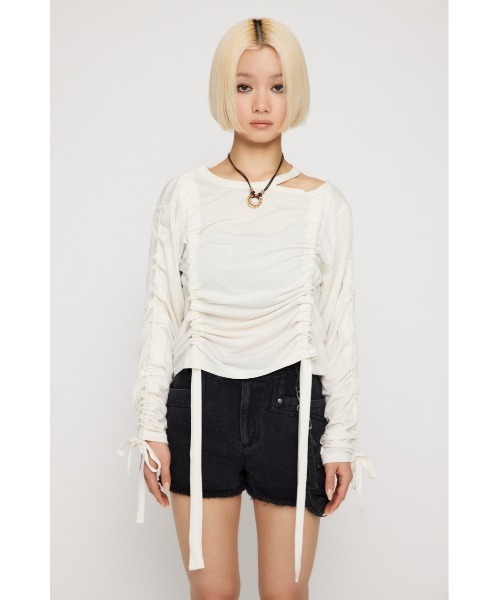 LAGUA GEM（ラグアジェム）の「SHIRRING LOOSE トップス（Tシャツ/カットソー・レディース・オフホワイト/ピンク/杢グレー/ブラック・FREE）」の5枚目の写真