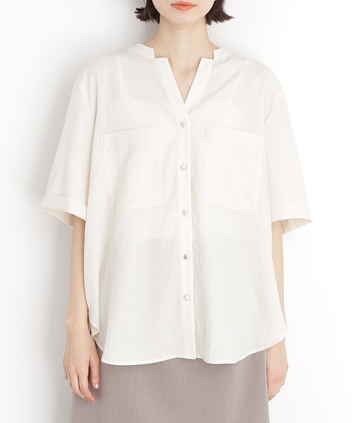 THE SHOP TK （ザ ショップ ティーケー ）の「ダブルポケット5分袖シャツ【体型カバー/洗濯機OK】（シャツ/ブラウス・レディース・グリーン系/ベージュ/ネイビー/アイボリー・12/13）」の7枚目の写真