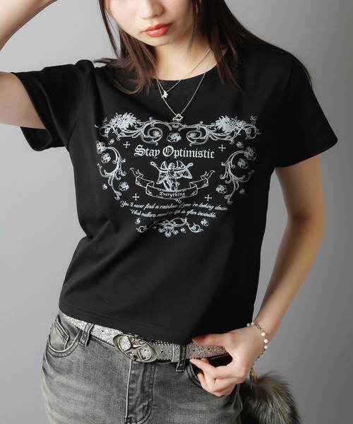 SPINNS（スピンズ）の「メッセージプリント半袖Tシャツ/ピタカットソー（Tシャツ/カットソー・レディース・オフホワイト/杢グレー/ブラック・ONESIZE）」の2枚目の写真