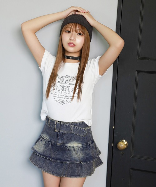 SPINNS（スピンズ）の「メッセージプリント半袖Tシャツ/ピタカットソー（Tシャツ/カットソー・レディース・オフホワイト/杢グレー/ブラック・ONESIZE）」の4枚目の写真