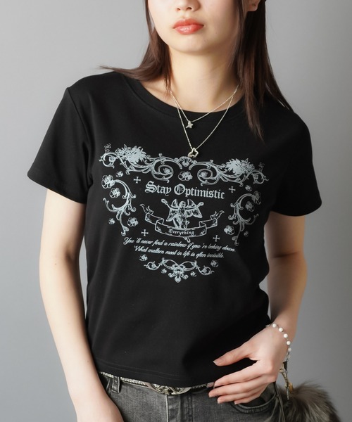 SPINNS（スピンズ）の「メッセージプリント半袖Tシャツ/ピタカットソー（Tシャツ/カットソー・レディース・オフホワイト/杢グレー/ブラック・ONESIZE）」の8枚目の写真