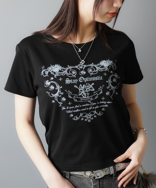 SPINNS（スピンズ）の「メッセージプリント半袖Tシャツ/ピタカットソー（Tシャツ/カットソー・レディース・オフホワイト/杢グレー/ブラック・ONESIZE）」の9枚目の写真