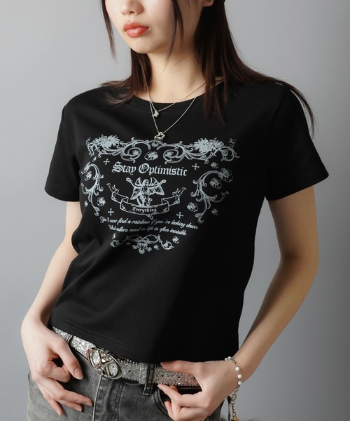 SPINNS（スピンズ）の「メッセージプリント半袖Tシャツ/ピタカットソー（Tシャツ/カットソー・レディース・オフホワイト/杢グレー/ブラック・ONESIZE）」の10枚目の写真