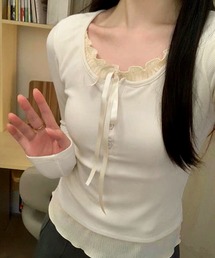 カップ付き レイヤード風フロントリボントップス
