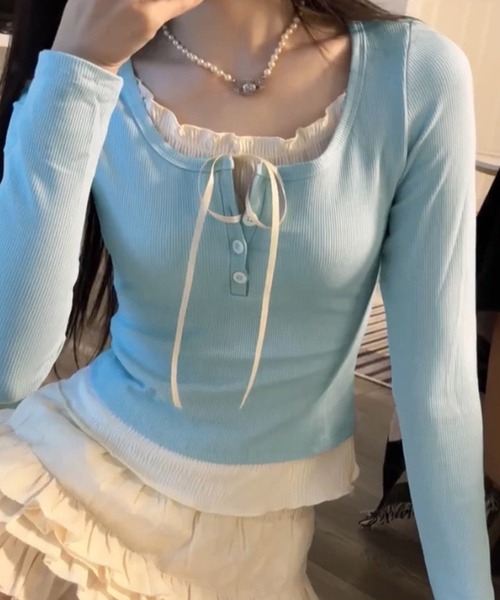 NANEA(ナネア)の「カップ付き レイヤード風フロントリボントップス(Tシャツ/カットソー・レディース・グレー/ブラック/ホワイト/アイボリー/ブルー・フリー)」の5枚目の写真