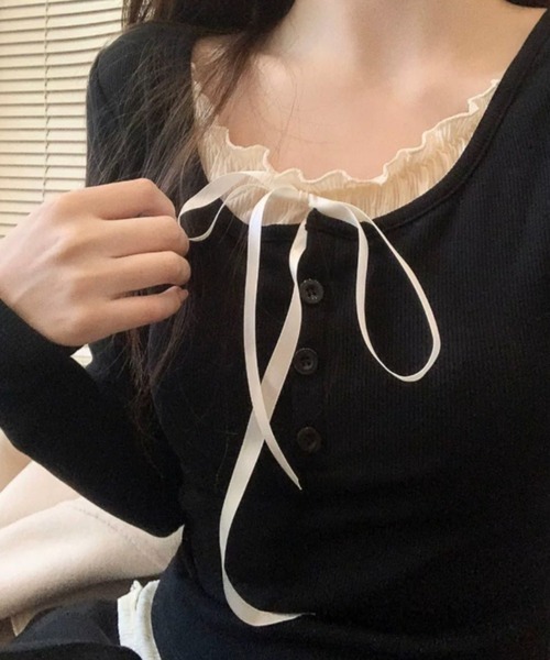 NANEA(ナネア)の「カップ付き レイヤード風フロントリボントップス(Tシャツ/カットソー・レディース・グレー/ブラック/ホワイト/アイボリー/ブルー・フリー)」の10枚目の写真