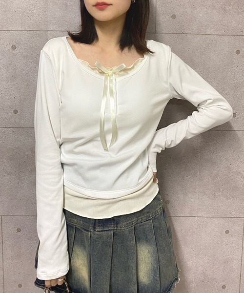 NANEA(ナネア)の「カップ付き レイヤード風フロントリボントップス(Tシャツ/カットソー・レディース・グレー/ブラック/ホワイト/アイボリー/ブルー・フリー)」の15枚目の写真