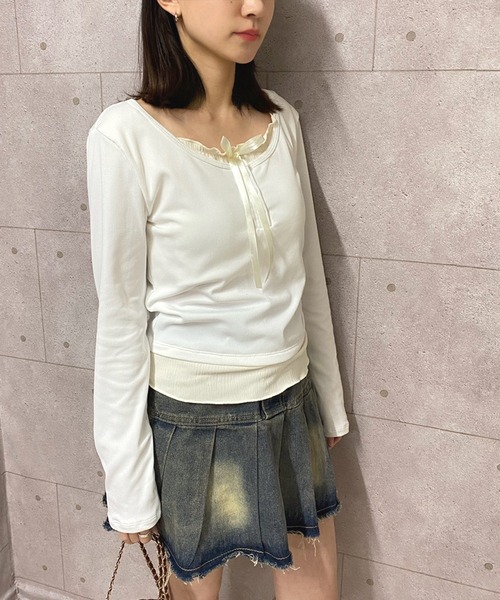 NANEA(ナネア)の「カップ付き レイヤード風フロントリボントップス(Tシャツ/カットソー・レディース・グレー/ブラック/ホワイト/アイボリー/ブルー・フリー)」の18枚目の写真