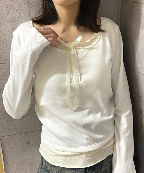 NANEA(ナネア)の「カップ付き レイヤード風フロントリボントップス(Tシャツ/カットソー・レディース・グレー/ブラック/ホワイト/アイボリー/ブルー・フリー)」の17枚目の写真