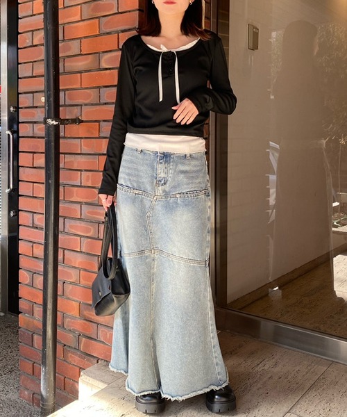 NANEA(ナネア)の「カップ付き レイヤード風フロントリボントップス(Tシャツ/カットソー・レディース・グレー/ブラック/ホワイト/アイボリー/ブルー・フリー)」の21枚目の写真