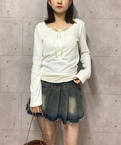 NANEA(ナネア)の「カップ付き レイヤード風フロントリボントップス(Tシャツ/カットソー・レディース・グレー/ブラック/ホワイト/アイボリー/ブルー・フリー)」の19枚目の写真