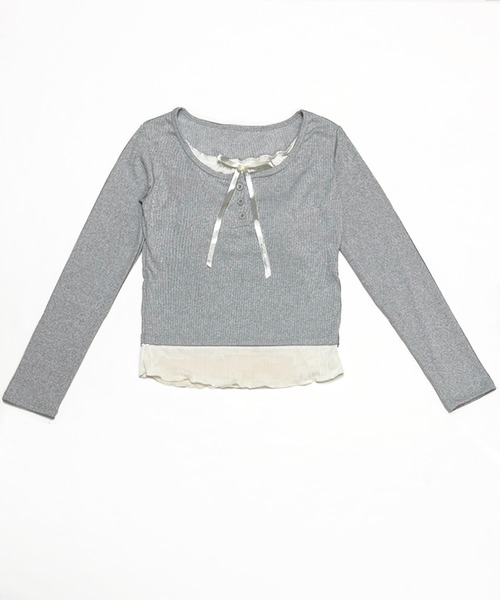 NANEA(ナネア)の「カップ付き レイヤード風フロントリボントップス(Tシャツ/カットソー・レディース・グレー/ブラック/ホワイト/アイボリー/ブルー・フリー)」の6枚目の写真