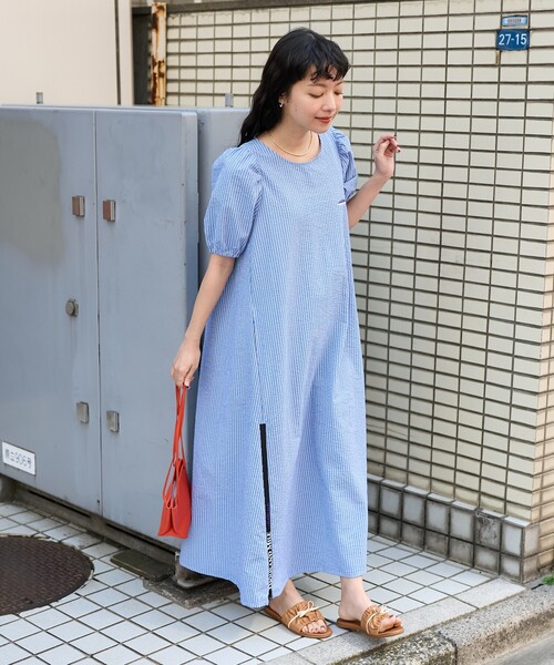 近年　極美品　中川政七商店 シアサッカー　半袖　ワンピース ストライプ　ベルト Mc.S.P 吸汗速乾 シアサッカーストライプバンドカラー半袖シャツ