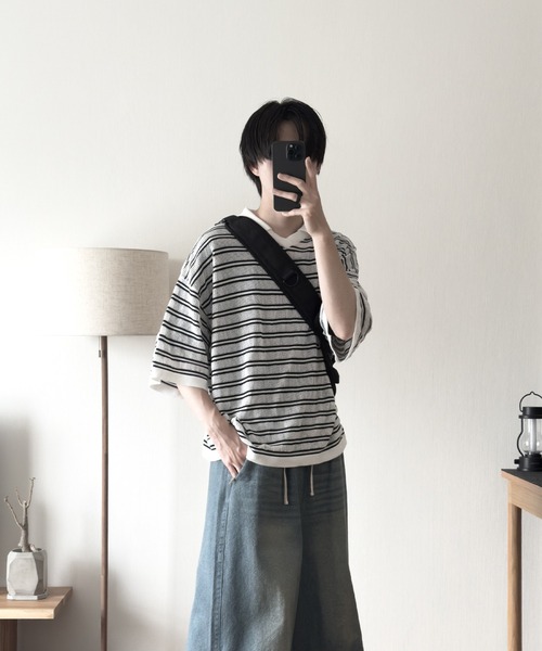 RUUBON】border mesh knit game shirt / ボーダーメッシュニット
