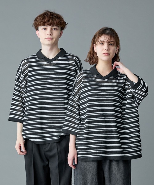 RUUBON】border mesh knit game shirt / ボーダーメッシュニット