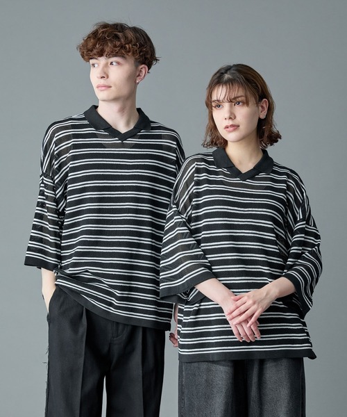 RUUBON】border mesh knit game shirt / ボーダーメッシュニット