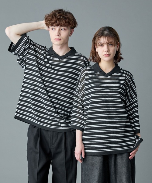 RUUBON】border mesh knit game shirt / ボーダーメッシュニット