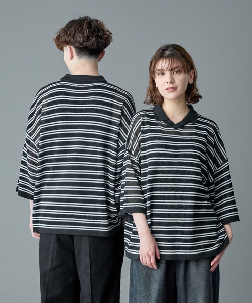 RUUBON（ルーボン）の「【RUUBON】border mesh knit game shirt / ボーダーメッシュニットゲームシャツ（ポロシャツ・メンズ・ブラック×ホワイト/ホワイト×ブラック・L/M/S）」の5枚目の写真