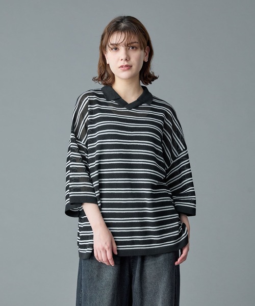 RUUBON（ルーボン）の「【RUUBON】border mesh knit game shirt / ボーダーメッシュニットゲームシャツ（ポロシャツ・メンズ・ブラック×ホワイト/ホワイト×ブラック・L/M/S）」の6枚目の写真