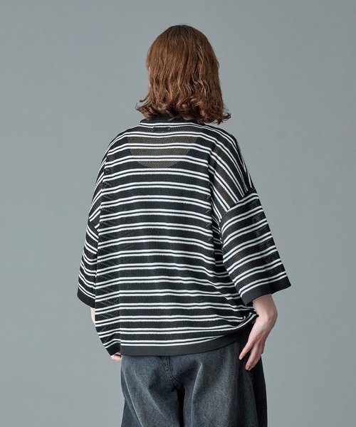 RUUBON（ルーボン）の「【RUUBON】border mesh knit game shirt / ボーダーメッシュニットゲームシャツ（ポロシャツ・メンズ・ブラック×ホワイト/ホワイト×ブラック・L/M/S）」の7枚目の写真