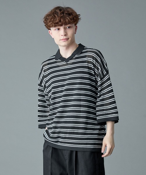 RUUBON（ルーボン）の「【RUUBON】border mesh knit game shirt / ボーダーメッシュニットゲームシャツ（ポロシャツ・メンズ・ブラック×ホワイト/ホワイト×ブラック・L/M/S）」の8枚目の写真