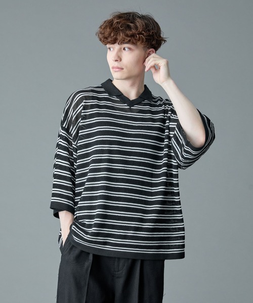 RUUBON（ルーボン）の「【RUUBON】border mesh knit game shirt / ボーダーメッシュニットゲームシャツ（ポロシャツ・メンズ・ブラック×ホワイト/ホワイト×ブラック・L/M/S）」の9枚目の写真