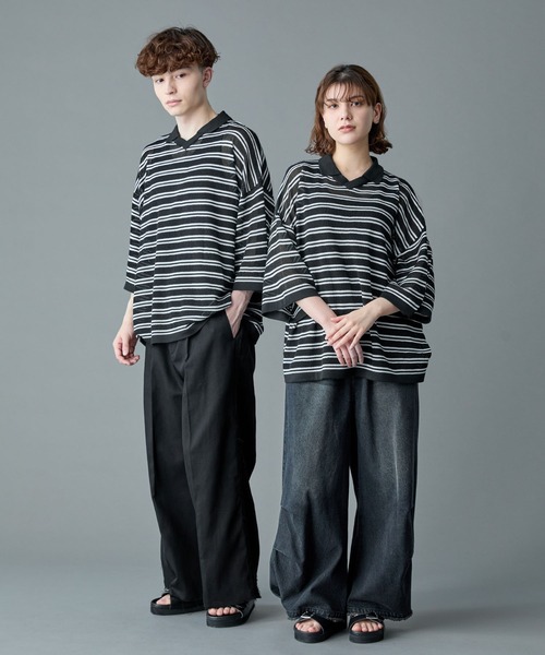 RUUBON（ルーボン）の「【RUUBON】border mesh knit game shirt / ボーダーメッシュニットゲームシャツ（ポロシャツ・メンズ・ブラック×ホワイト/ホワイト×ブラック・L/M/S）」の11枚目の写真