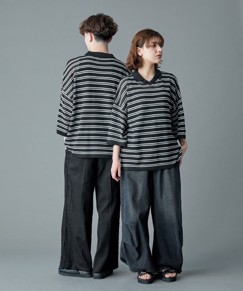 RUUBON（ルーボン）の「【RUUBON】border mesh knit game shirt / ボーダーメッシュニットゲームシャツ（ポロシャツ・メンズ・ブラック×ホワイト/ホワイト×ブラック・L/M/S）」の13枚目の写真