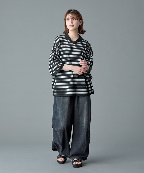 RUUBON（ルーボン）の「【RUUBON】border mesh knit game shirt / ボーダーメッシュニットゲームシャツ（ポロシャツ・メンズ・ブラック×ホワイト/ホワイト×ブラック・L/M/S）」の14枚目の写真